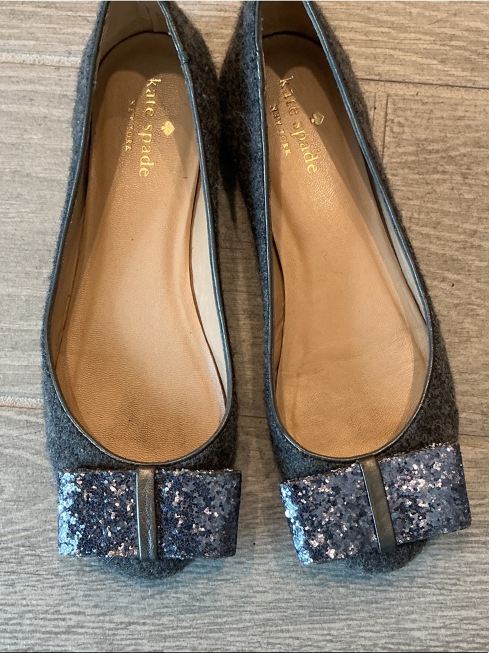 kate spade Gray Flannel Wool Hannah Ballet Flats with Glitter Bow Women’s Sz 6M
